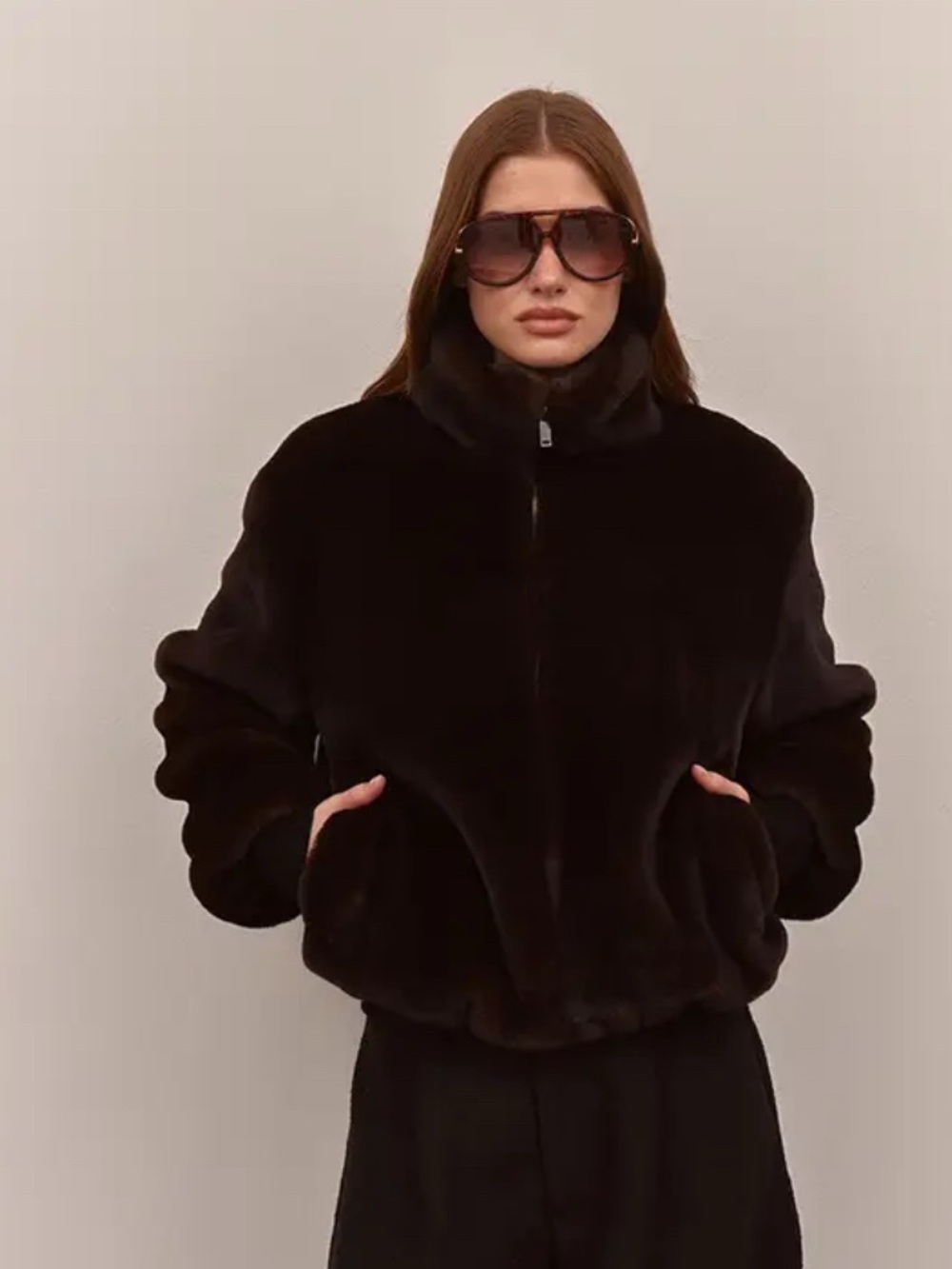 Faux Fur dark brown chocolate Zip crop bomber Jacket Pretty Little Thing small